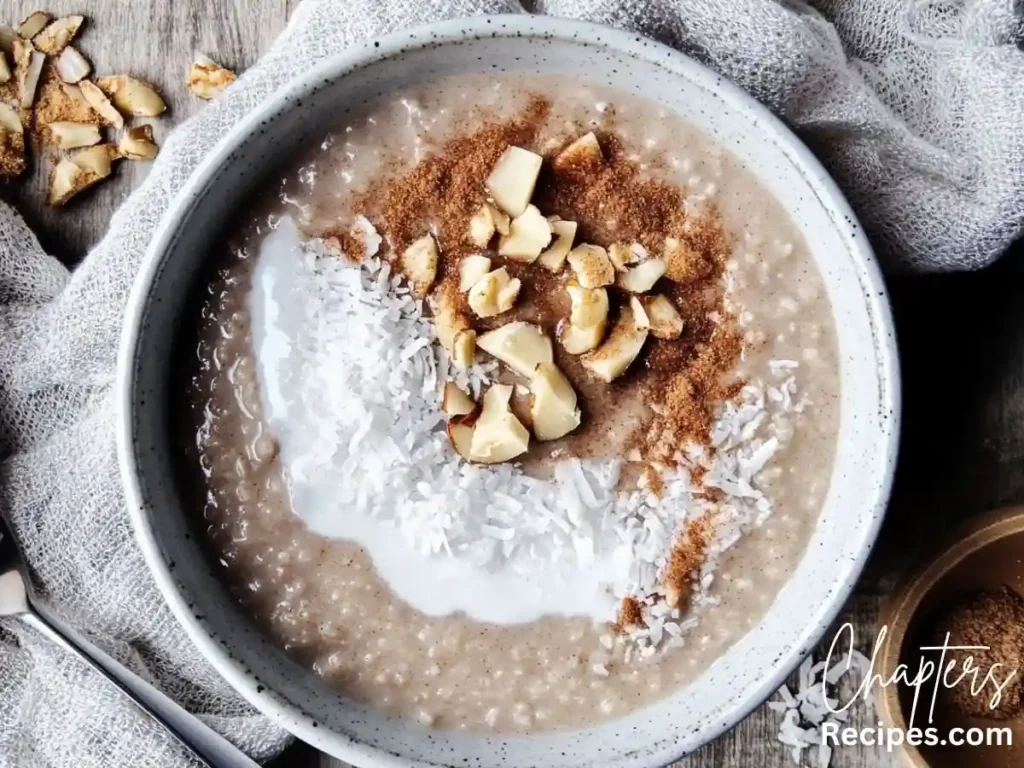 A bowl of Cream of Rice porridge topped with shredded coconut, chopped nuts, and cinnamon.