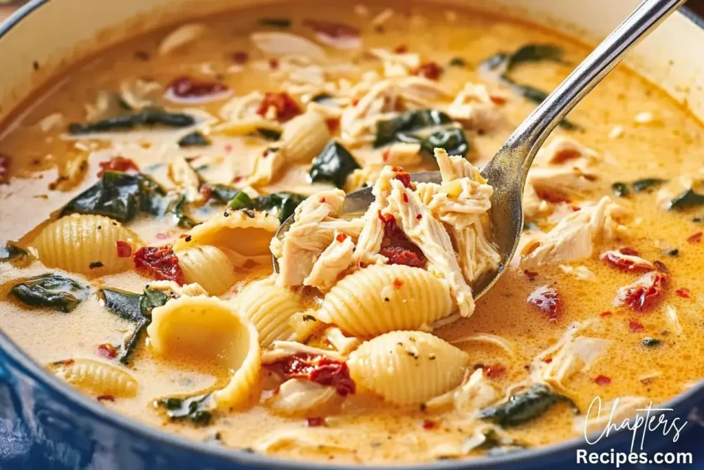 A creamy bowl of Marry Me Chicken Soup with shredded chicken, pasta shells, sun-dried tomatoes, and spinach.