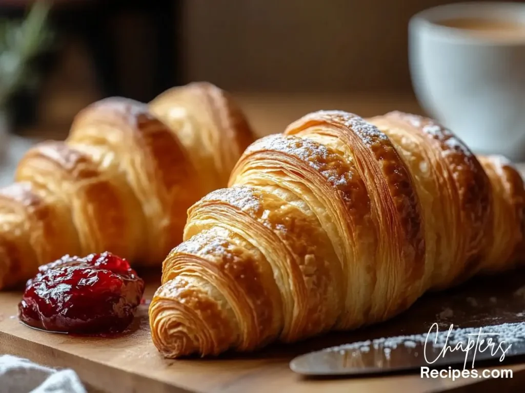 Buttery Swiss Gipfeli recipe with a dusting of powdered sugar, served with red jam and coffee.