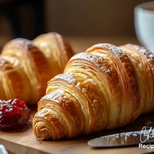 Buttery Swiss Gipfeli recipe with a dusting of powdered sugar, served with red jam and coffee.