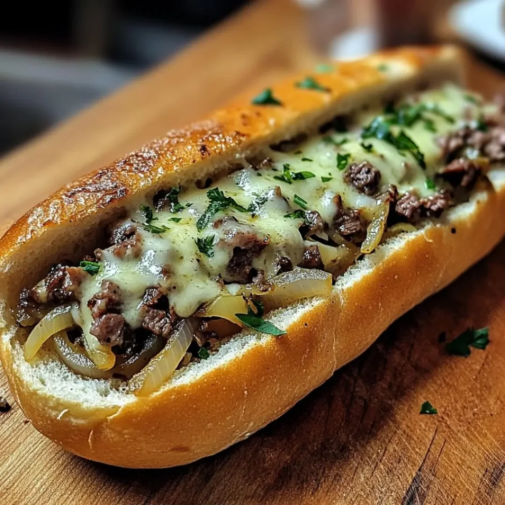 A hot, fresh Cheesesteak on Garlic Parmesan Bread, sautéed onions, and chopped steak, served in a golden garlic Parmesan hoagie roll.