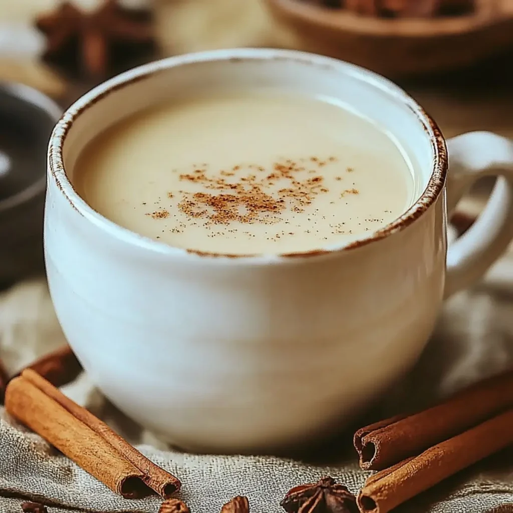 A creamy Cinnamon Sore Throat Tea Recipe served in a rustic mug, garnished with ground cinnamon and surrounded by cinnamon sticks and star anise.