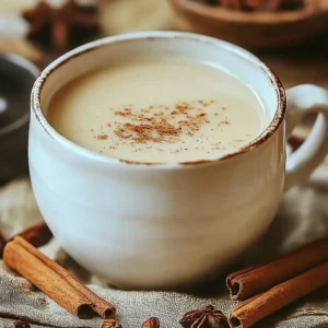 A creamy Cinnamon Sore Throat Tea Recipe served in a rustic mug, garnished with ground cinnamon and surrounded by cinnamon sticks and star anise.