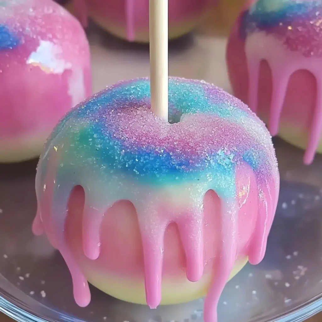 A close-up of a Classic Cotton Candy Swirl Apples decorated with a pastel pink, blue, and white swirl glaze, topped with sparkling sugar and dripping icing.