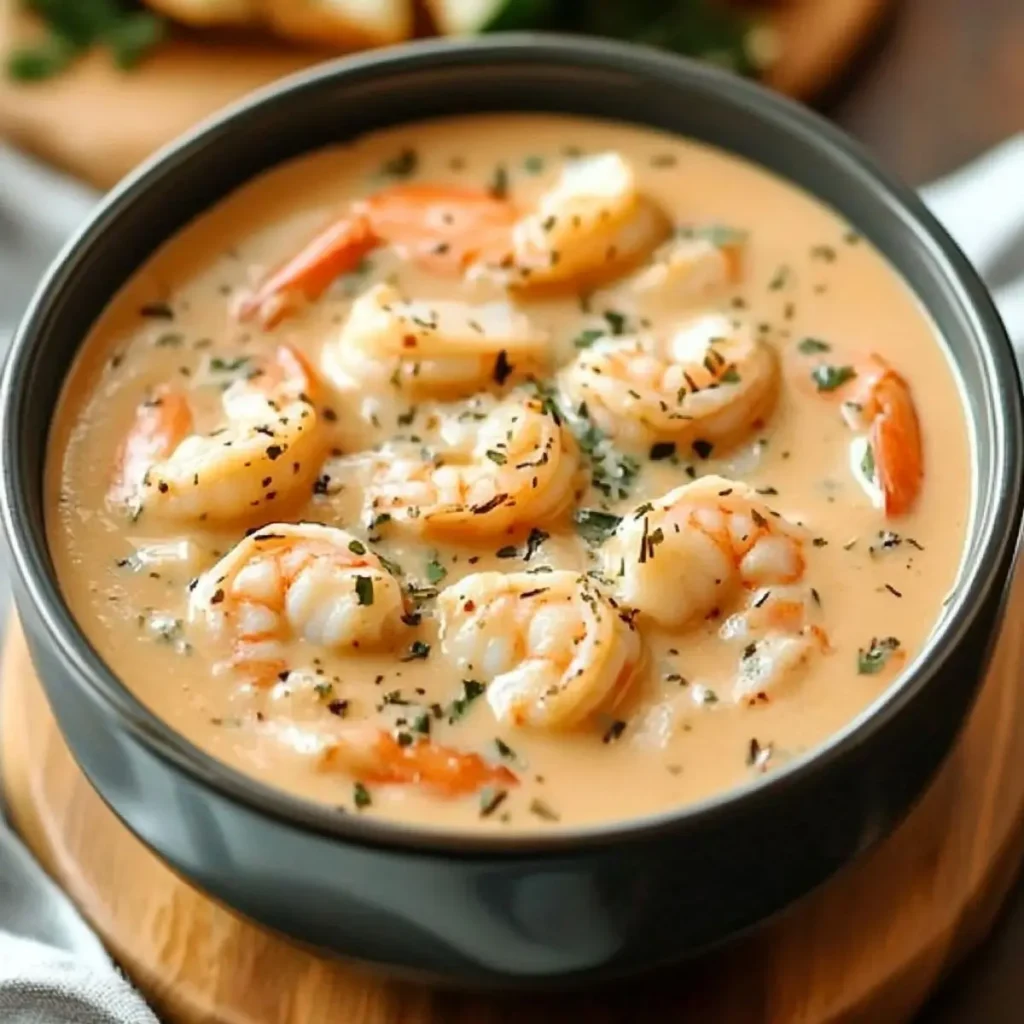 A bowl of Creamy Crab and Shrimp Seafood Bisque, garnished with herbs, served in a dark bowl on a wooden surface.