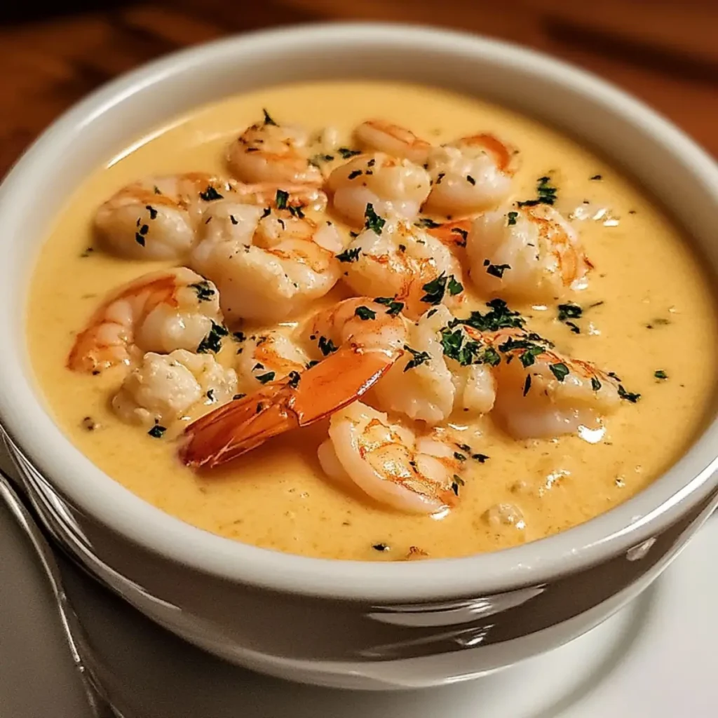 A bowl of creamy crab and shrimp seafood bisque, garnished with herbs.