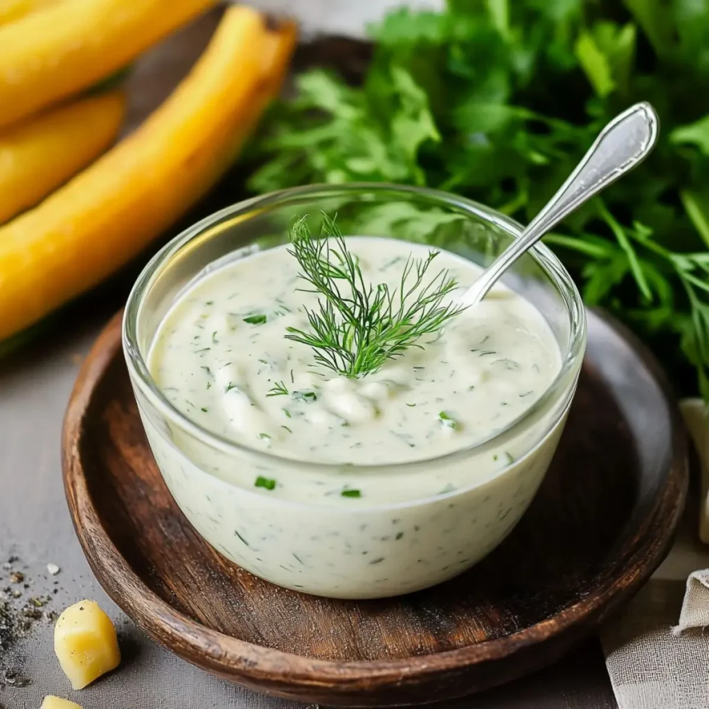 A glass bowl filled with creamy Greek yogurt dressing garnished with fresh dill, surrounded by fresh herbs and yellow vegetables.