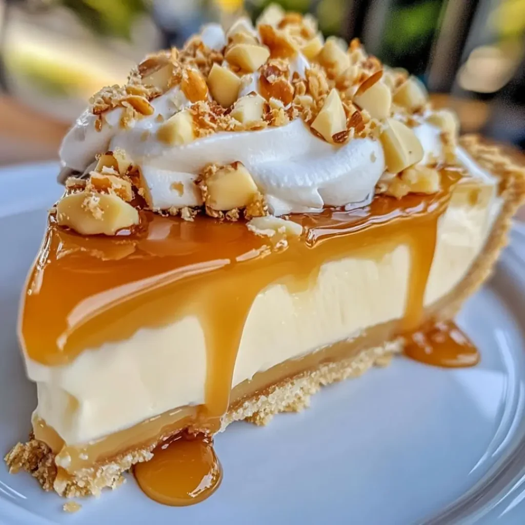 A close-up of a creamy dolly parton butterscotch pie with caramel drizzle, whipped cream, and chopped nuts.