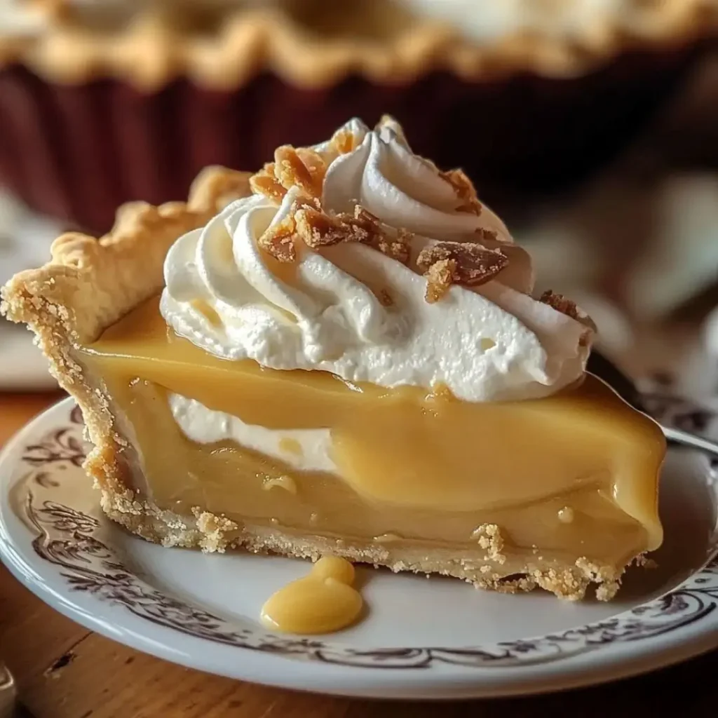 A close-up of a slice of butterscotch pie with a golden, flaky crust, creamy butterscotch filling, and a topping of whipped cream and caramelized bits, served on a decorative plate.