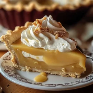 A close-up of a slice of butterscotch pie with a golden, flaky crust, creamy butterscotch filling, and a topping of whipped cream and caramelized bits, served on a decorative plate.
