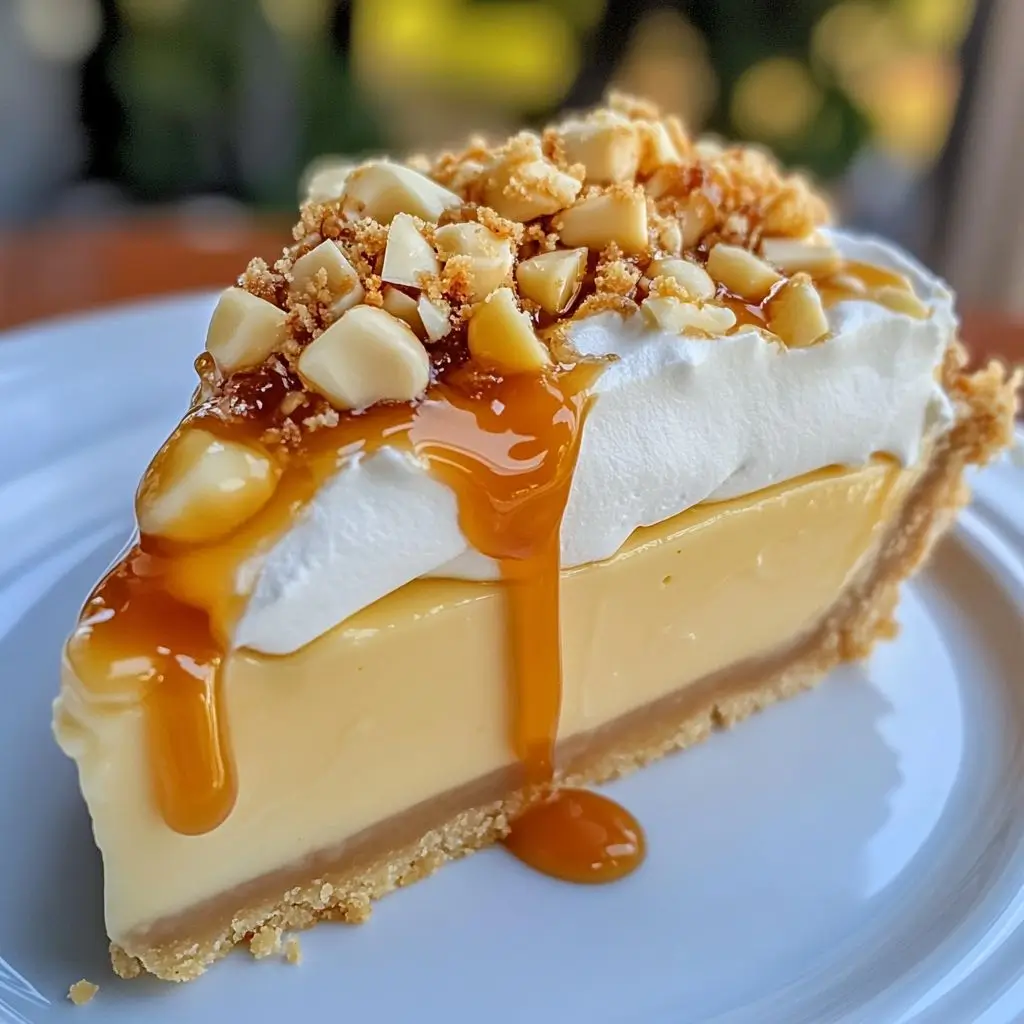 A slice of creamy Dolly Parton's Butterscotch Pie Recipe with a graham cracker crust, topped with whipped cream, chopped nuts, and drizzled with caramel sauce.