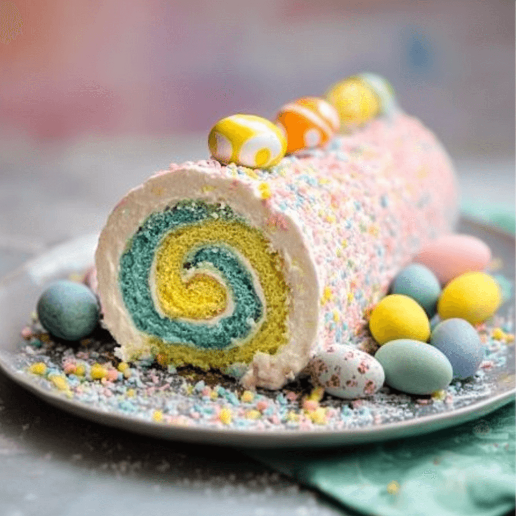 A festive Easter cake roll with a swirl of blue and yellow sponge, covered in white frosting and pastel-colored sprinkles, garnished with decorative chocolate eggs.