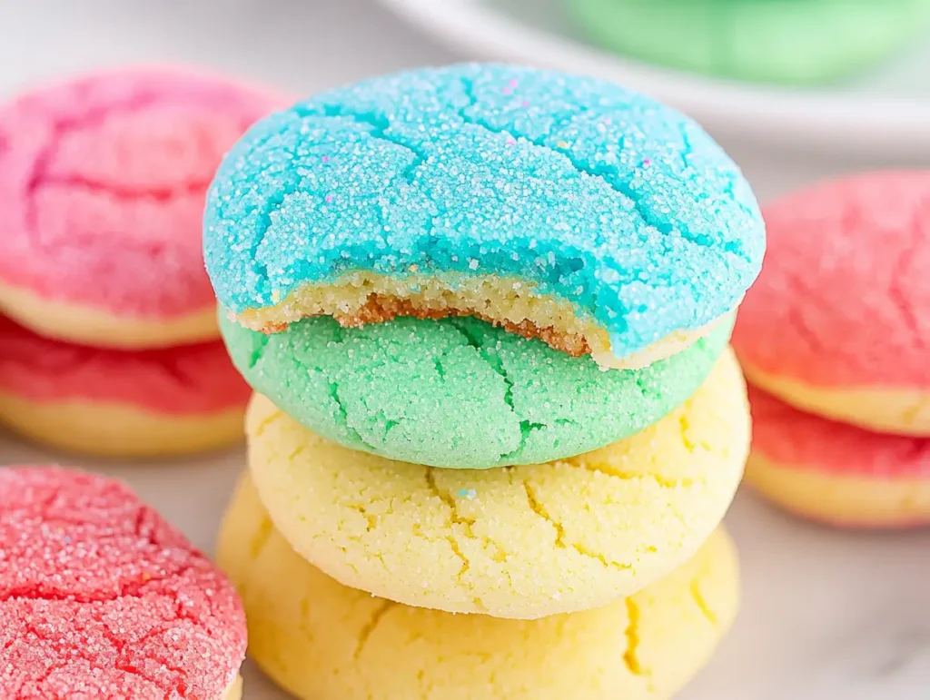 A stack of colorfulEaster Day Jello Cookies in blue, green, and yellow, with a bite taken from the top cookie.