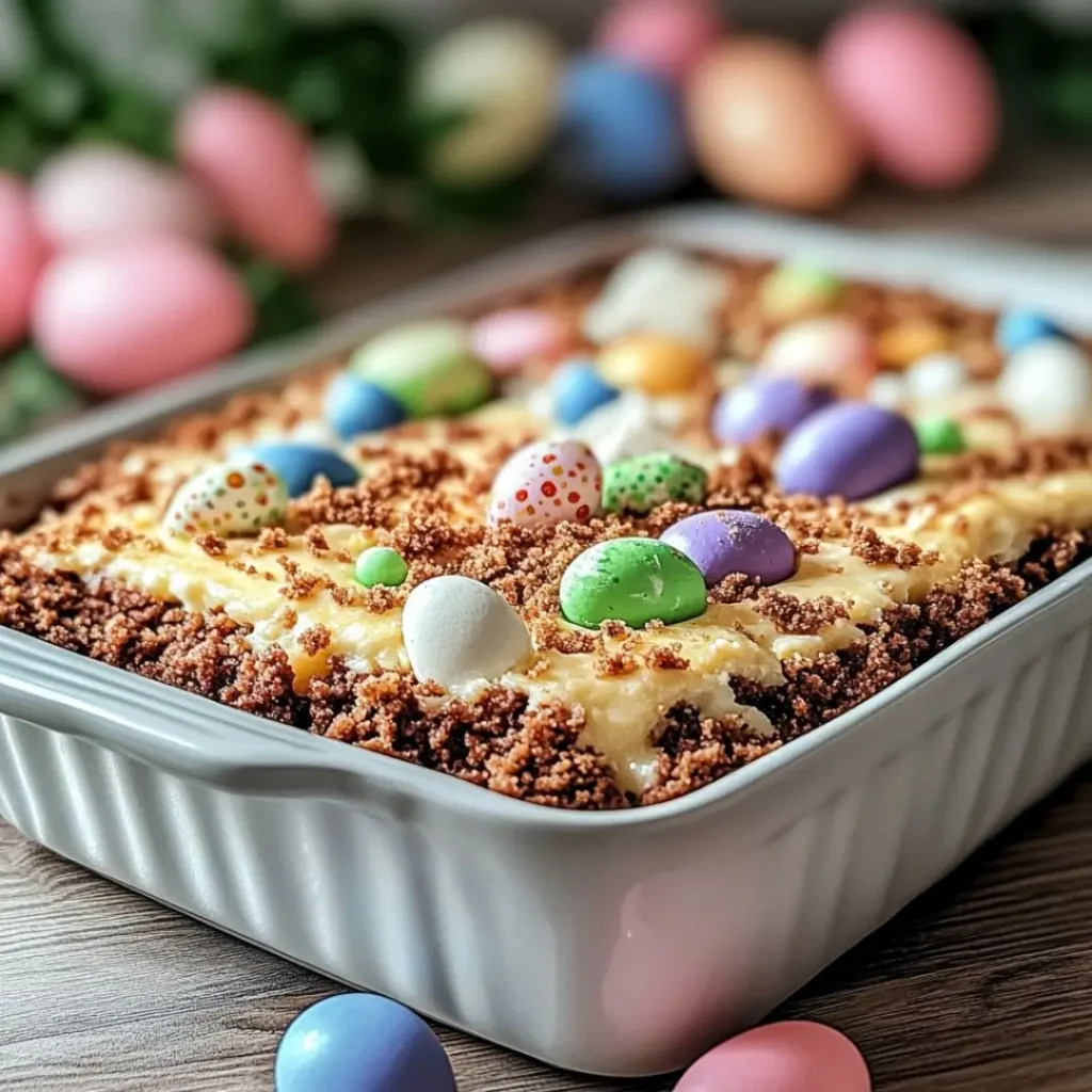 A festive Easter dirt cake casserole topped with crumbled chocolate cookies, creamy filling, and colorful candy eggs.