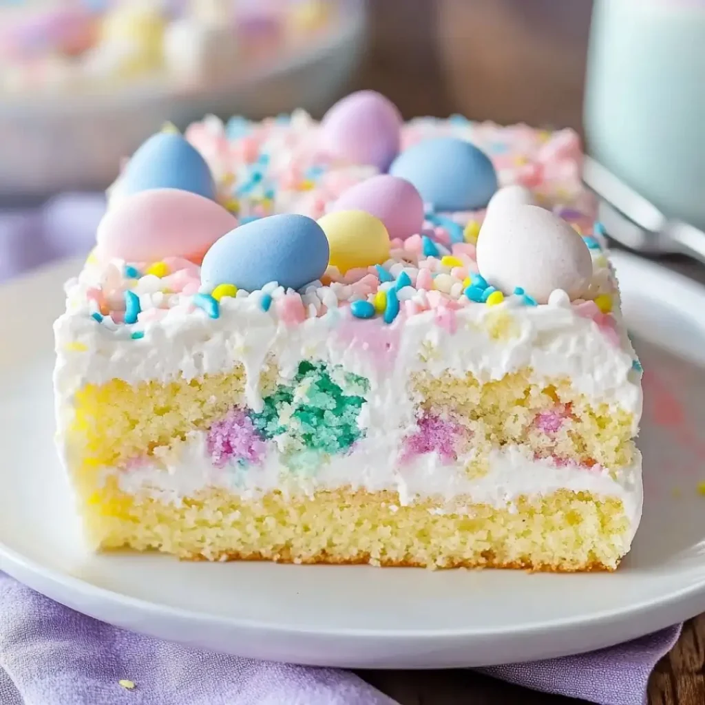 A slice of Easter poke cake with pastel-colored filling, topped with whipped cream, candy eggs, and sprinkles.