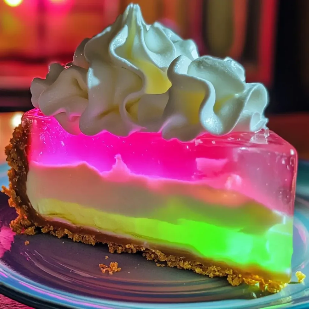 A slice of Easy Jello Glow Cheesecake with neon layers in pink, white, and green, topped with whipped cream.