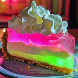 A slice of Easy Jello Glow Cheesecake with neon layers in pink, white, and green, topped with whipped cream.