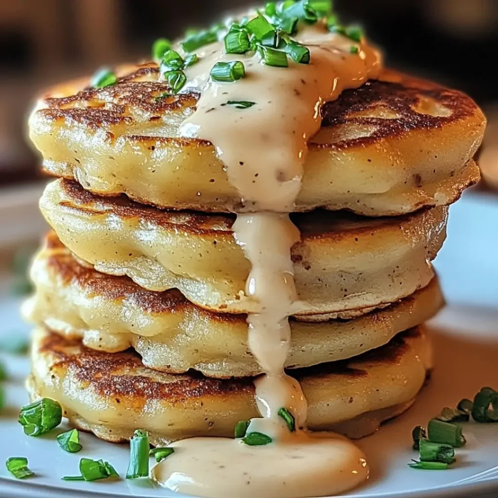 A stack of golden-brown potato pancakes with beef and cheese topped with creamy cheese sauce and garnished with fresh chopped chives.
