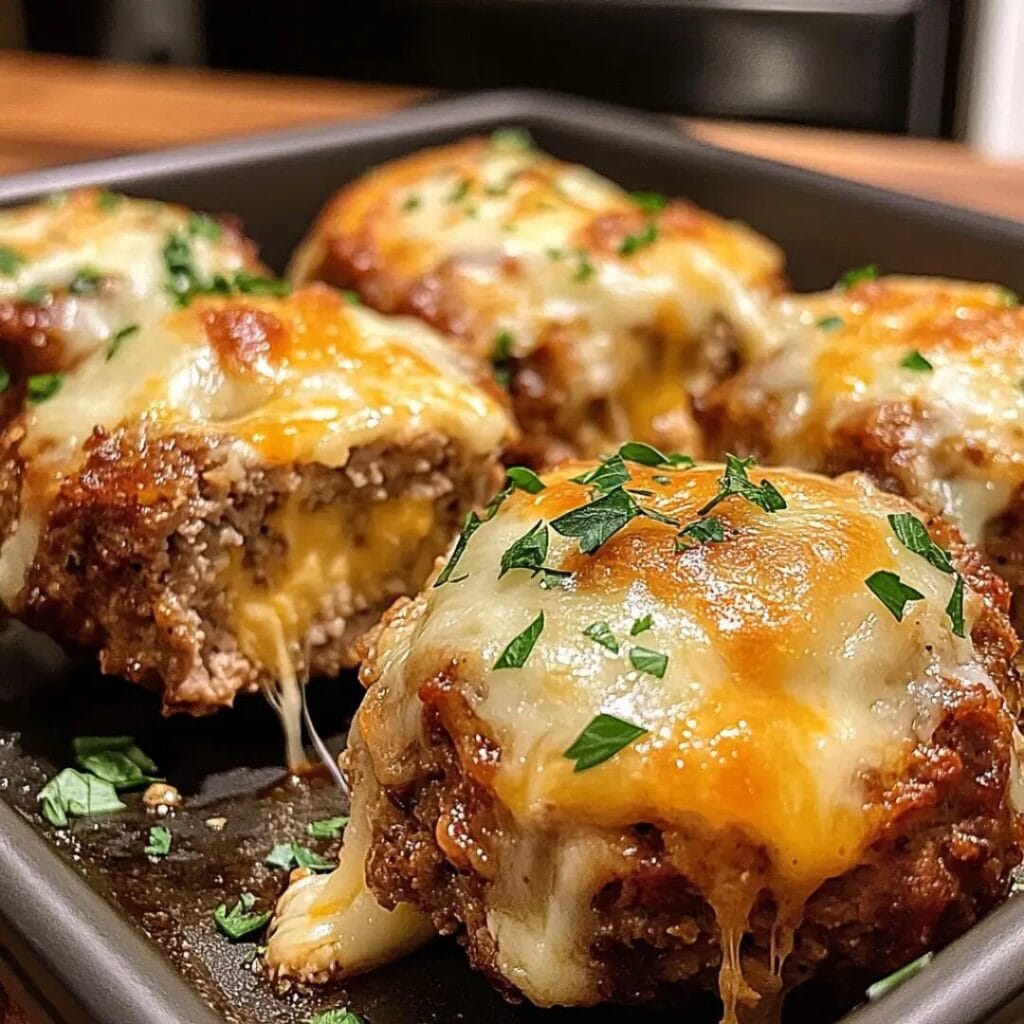 Close-up of French Onion Meatball Melts with melted cheese and fresh parsley garnish.