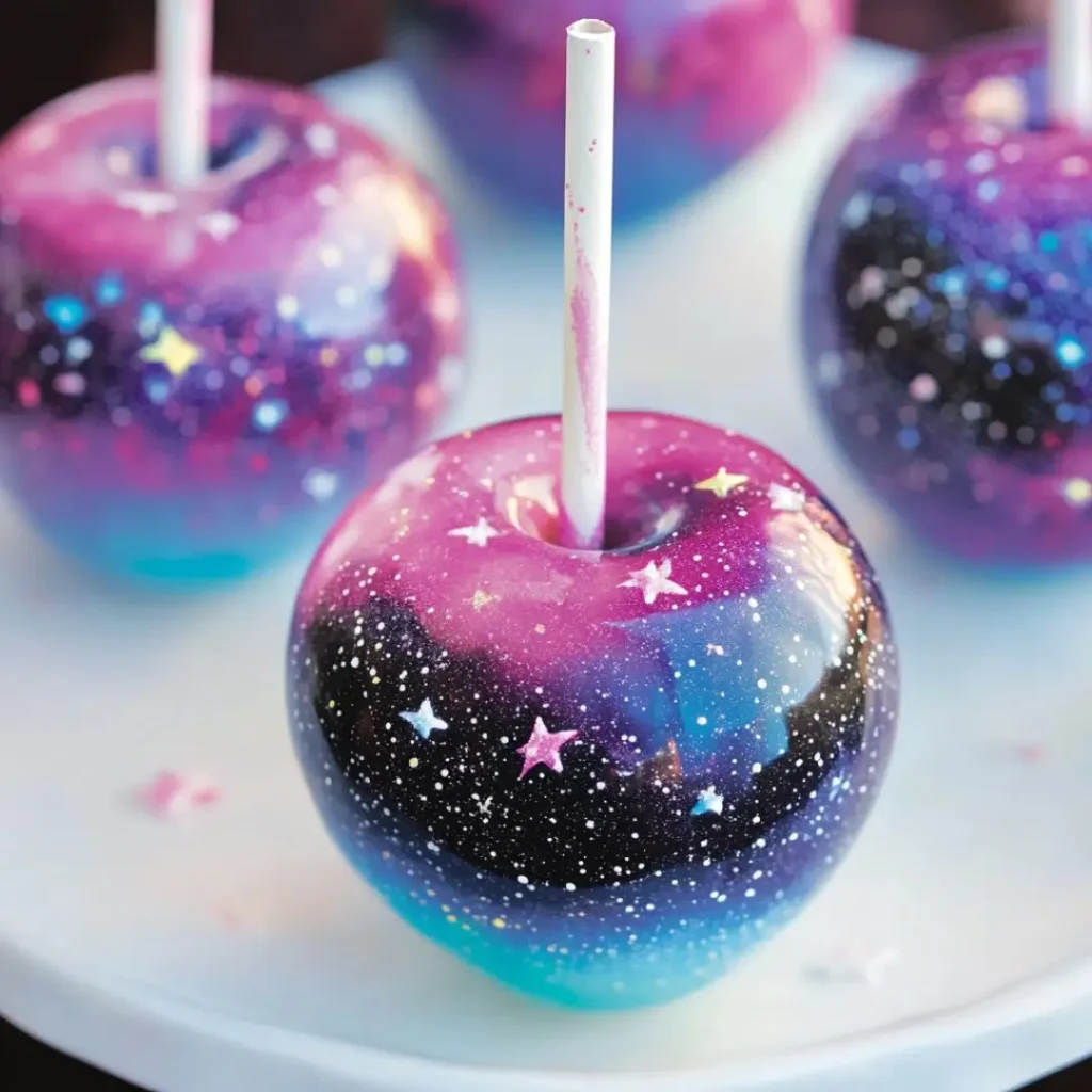 Shiny galaxy candy apples with a cosmic design of pink, purple, and blue hues, decorated with glitter and star patterns.