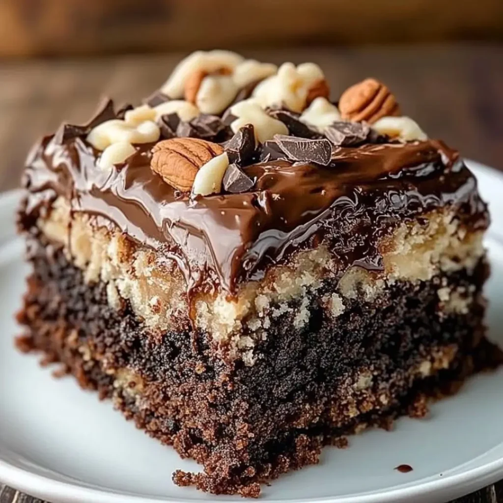 A close-up of a German Chocolate Poke Cake with layers of moist chocolate and vanilla cake, topped with melted chocolate, chopped pecans, and coconut.