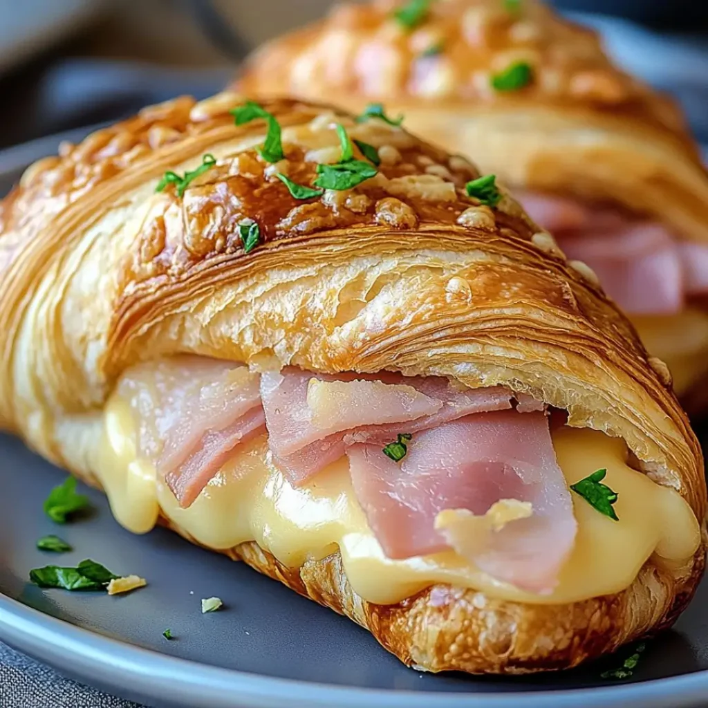 Flaky Golden Crescent Rolls Stuffed with Corned Beef and melted cheese, garnished with fresh herbs.