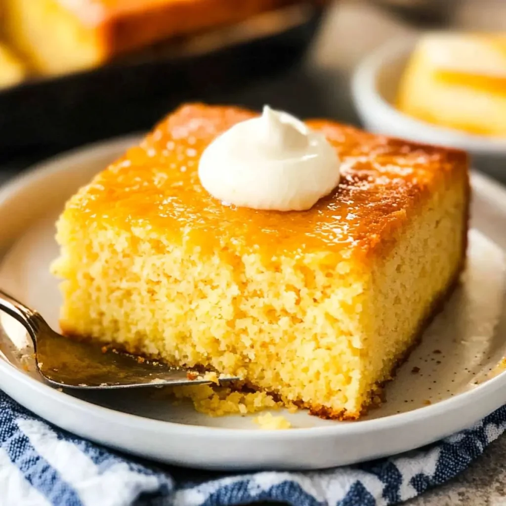 A slice of Golden Sweet Cornbread Recipewith a dollop of cream on a white plate