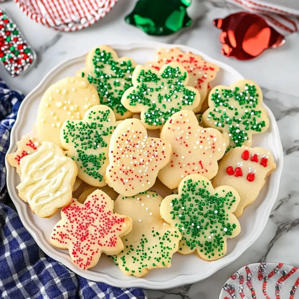 A plate of homemade Grandma’s Irish Sugar Cookies Recipe decorated with green, red, and white sprinkles in festive shapes.