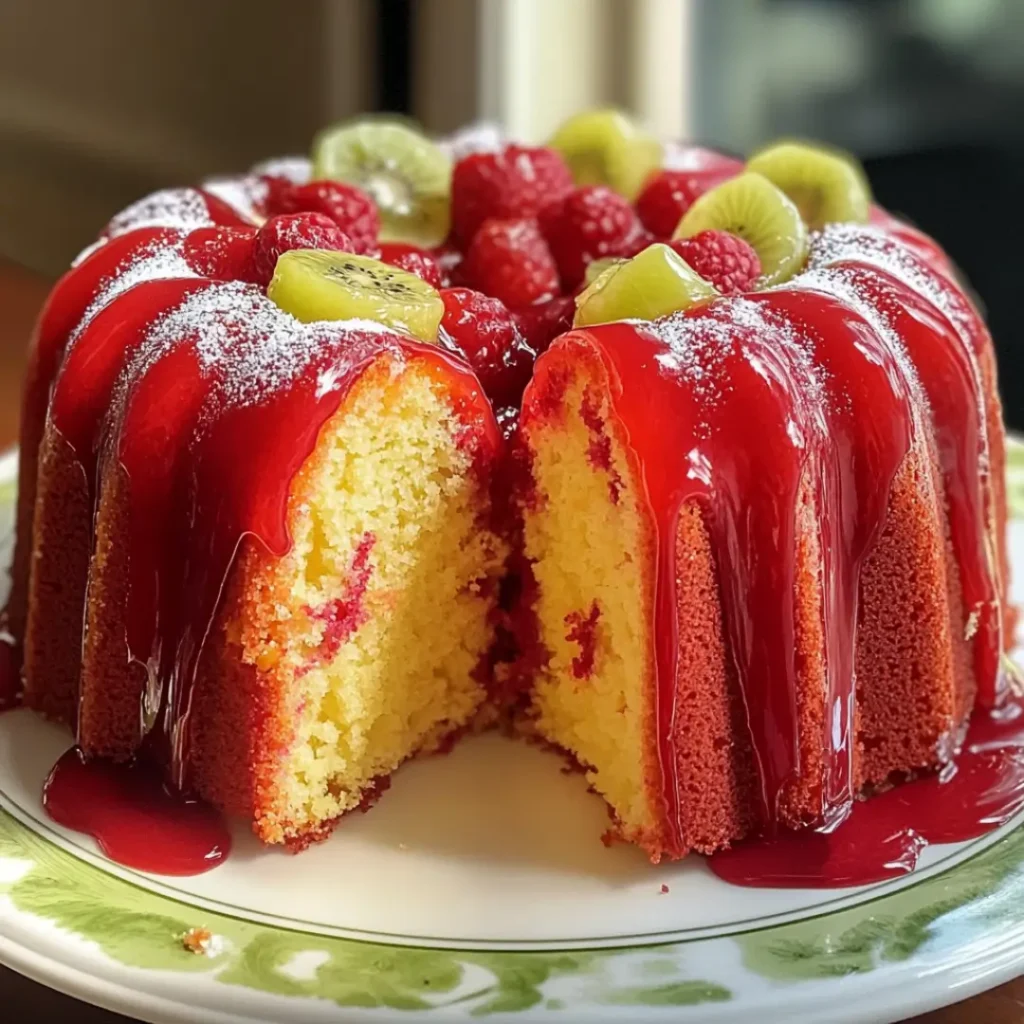 A sliced Hawaiian Punch pound cake with red glaze, topped with raspberries and kiwi.