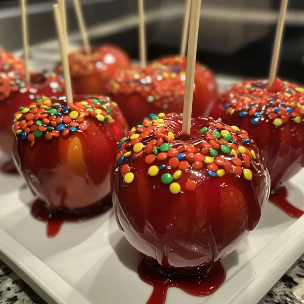 Close-up of Neon Blast Jolly Rancher Candy Apples coated in Jolly Rancher candy, topped with colorful mini candy-coated chocolates, and skewered with wooden sticks.