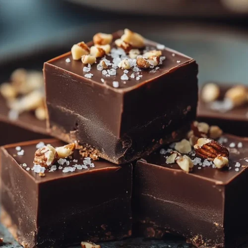 A close-up of rich, Paula Deen’s 5 Minute Fudge topped with chopped nuts and sea salt.