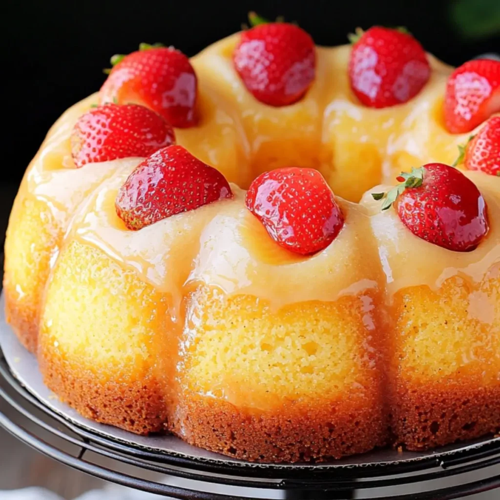 Glazed Pineapple Strawberry Pound Cake topped with fresh strawberries on a black cake stand