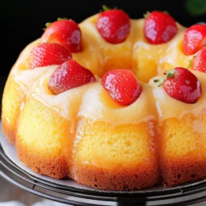 Glazed Pineapple Strawberry Pound Cake topped with fresh strawberries on a black cake stand