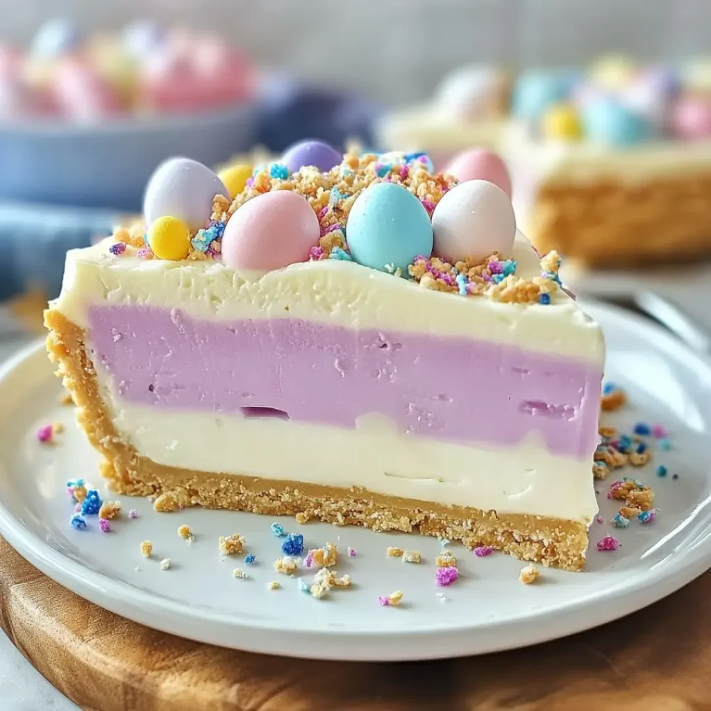 A slice of pastel-colored Pink Easter Jell-O Pie with layers of white and pink filling, topped with candy eggs and sprinkles on a graham cracker crust.