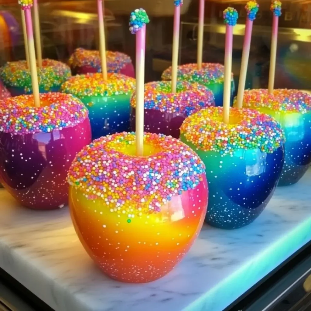 A display of Rainbow Cotton Candy Apples coated with a glossy, multicolored glaze and topped with colorful sprinkles.