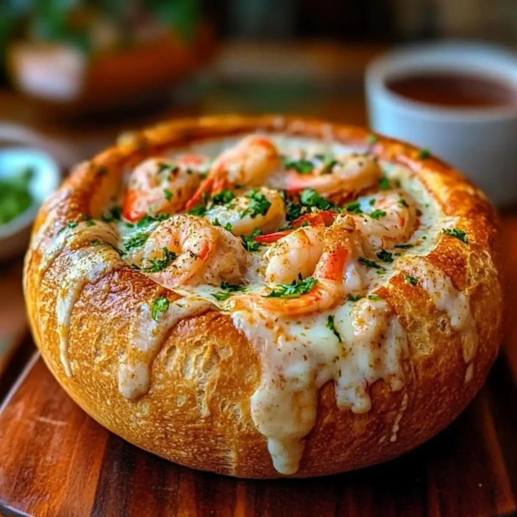 Creamy stuffed seafood bread bowl filled with shrimp and topped with herbs, served on a wooden platter
