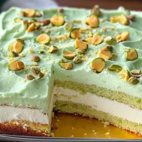 A luscious Tropical Pistachio Bliss Cake with layers of creamy filling, topped with green frosting and crushed pistachios.
