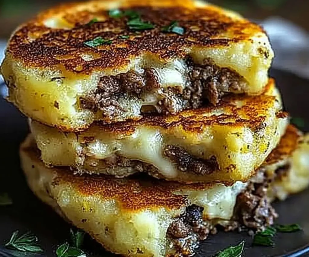 A stack of Potato Pancakes with Savory Beef and Cheese filled with seasoned beef and melted cheese, garnished with fresh herbs.