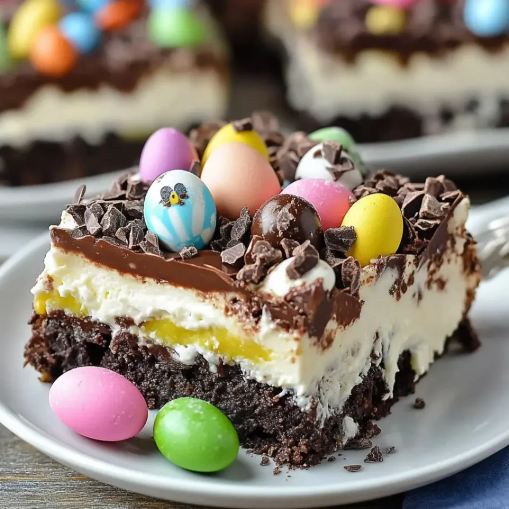 A slice of Easter chocolate lasagna with layers of brownie, creamy filling, and chocolate ganache, topped with colorful candy eggs and chocolate shavings.