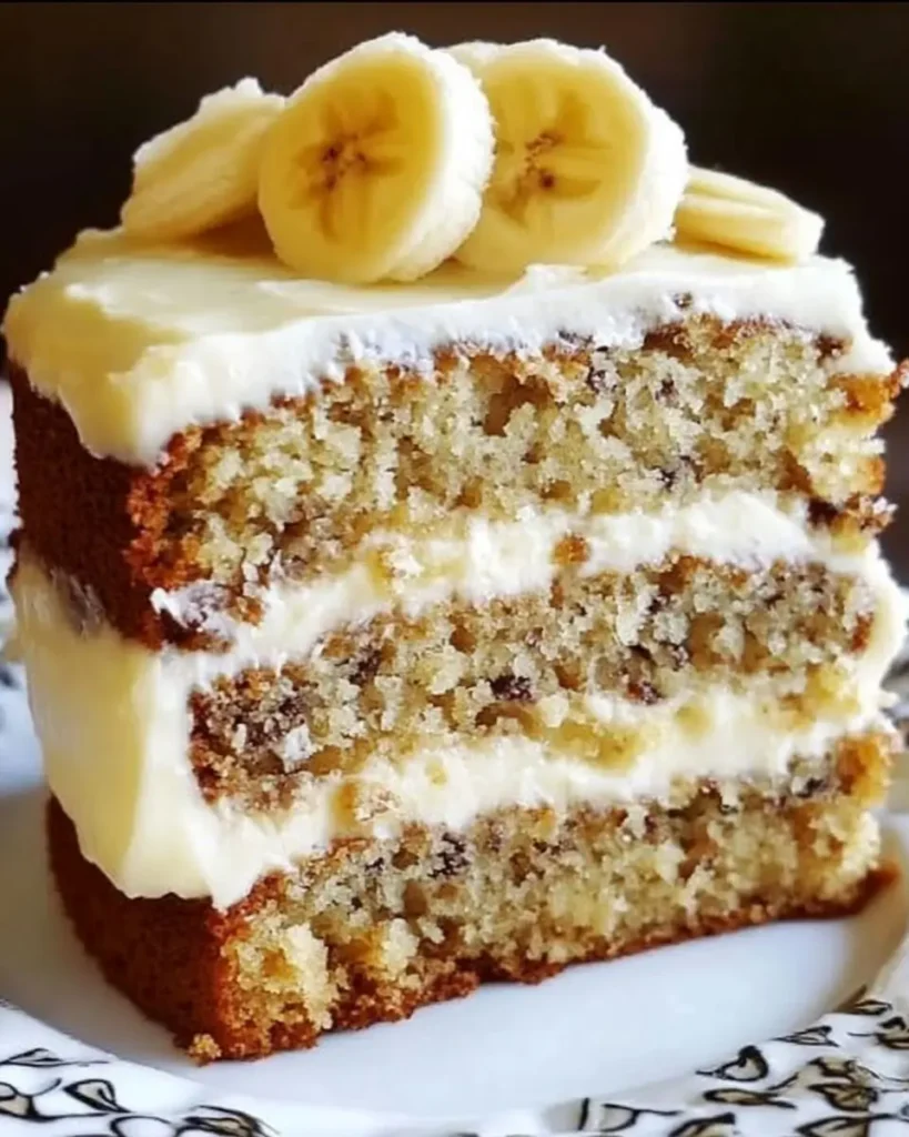 A slice of Banana Bread Cake with Cream Cheese Frosting and banana slices on top