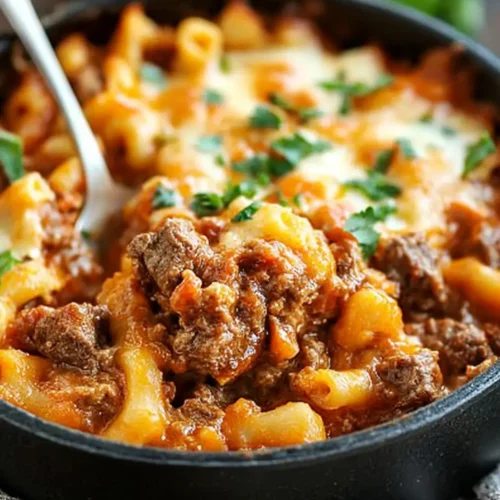 Cheesy Beef Lombardi casserole in a skillet, with a spoon lifting a hearty serving of pasta, beef, and melted cheese