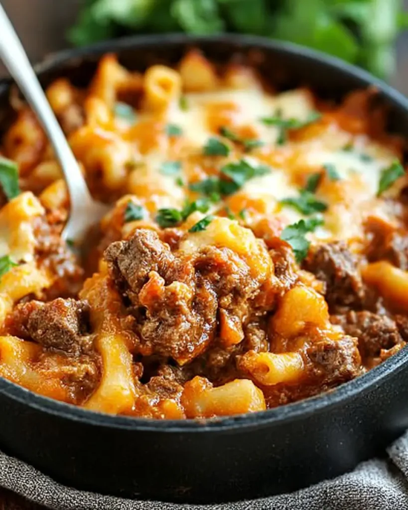 Cheesy Beef Lombardi casserole in a skillet, with a spoon lifting a hearty serving of pasta, beef, and melted cheese