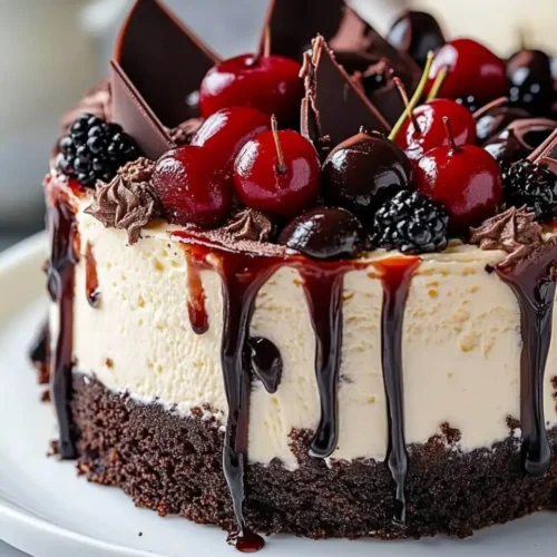 A decadent Black Forest Cheesecake Bliss topped with cherries, blackberries, chocolate shards, and dripping chocolate sauce