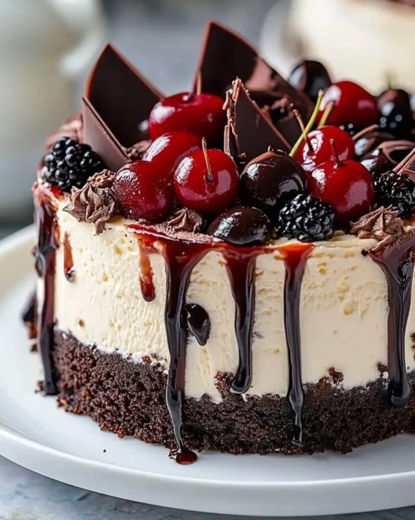 A decadent Black Forest Cheesecake Bliss topped with cherries, blackberries, chocolate shards, and dripping chocolate sauce