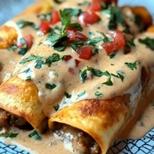 Boudin Chimichangas with Crawfish Cream Sauce, chopped herbs, and diced tomatoes