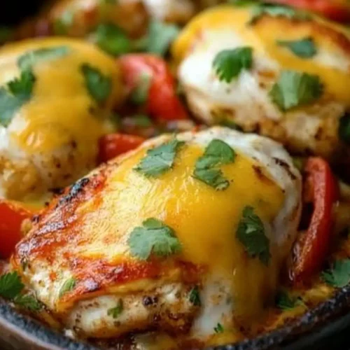Cheesy Baked Fajita Chicken breasts topped with melted cheddar and fresh cilantro in a skillet