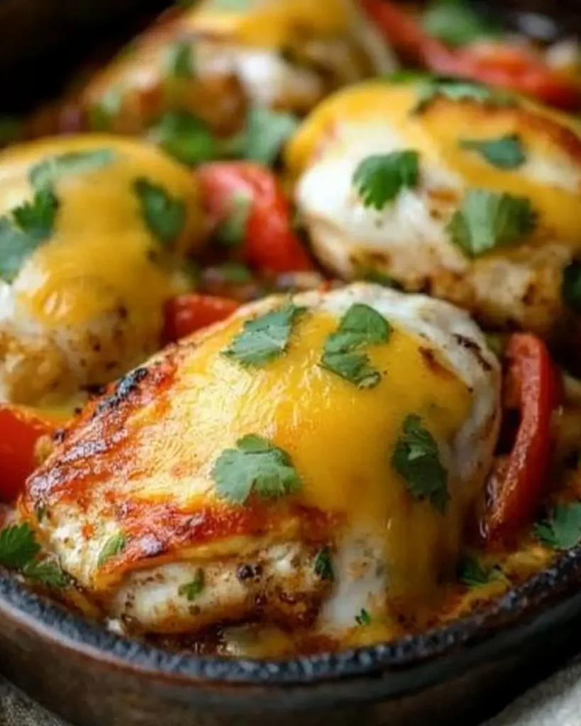 Cheesy Baked Fajita Chicken breasts topped with melted cheddar and fresh cilantro in a skillet