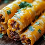 Close-up of gooey cheesy taco sticks stuffed with seasoned beef, topped with melted cheddar and garnished with fresh cilantro