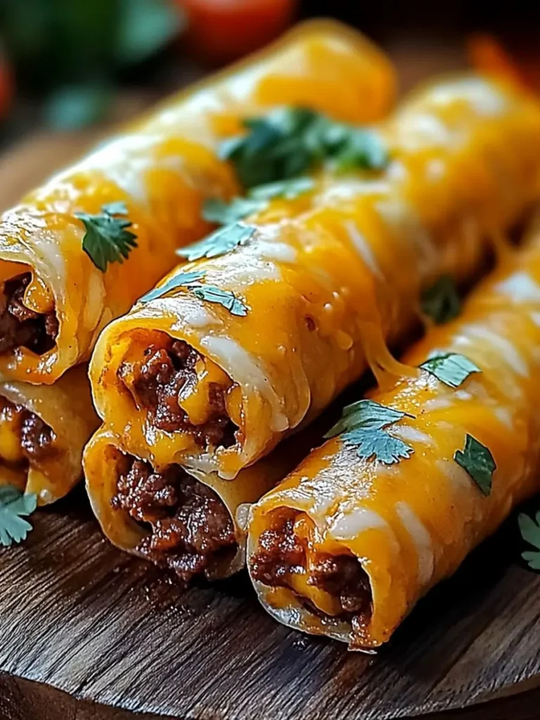 Close-up of gooey cheesy taco sticks stuffed with seasoned beef, topped with melted cheddar and garnished with fresh cilantro