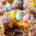 A close-up of a festive chocolate bird’s nest cookies with colorful candy eggs and caramel filling.